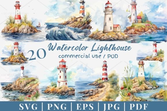 20 Watercolor Lighthouse Graphics & Illustrations