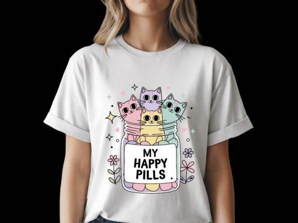 Adorable Cat Happy Pills Cute Feline Graphics