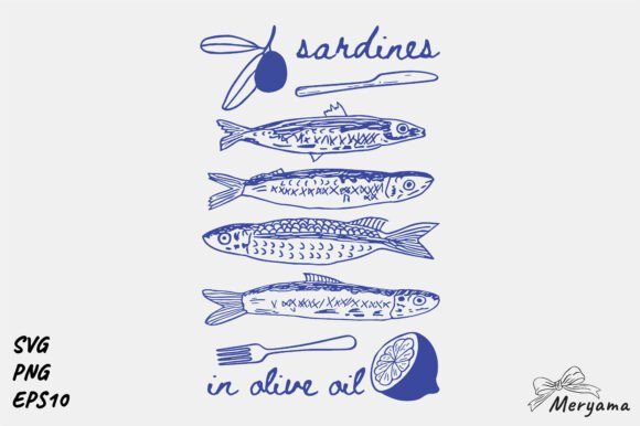 Coastal Summer Hand Drawn Sardines PNG: Graphics & Illustrations