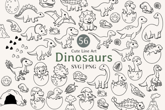 Cute Dinosaur Line Art Clipart Bundle: Graphics & Illustrations for Local Branding
