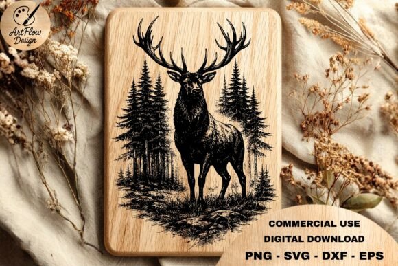 Deer Forest Scene SVG Engraving: Graphics & Illustrations for Local Branding