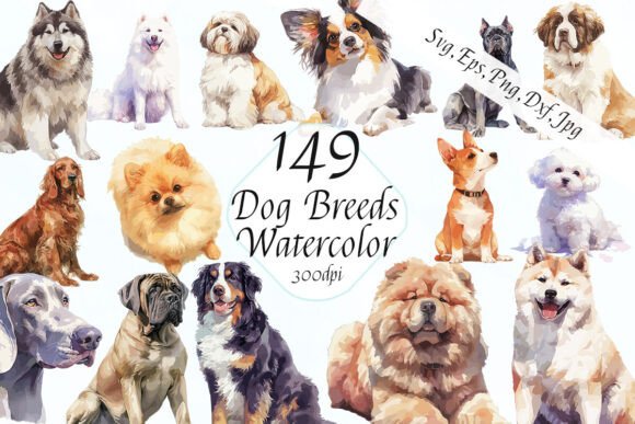 Dog Breeds Watercolor Clipart SVG Bundle: Graphics & Illustrations