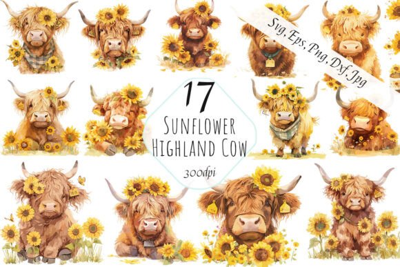 Highland Cow Sunflowers Clipart: SVG & PNG Graphics