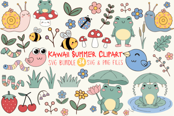 Kawaii Summer Clipart SVG PNG Bundle: Graphics & Illustrations
