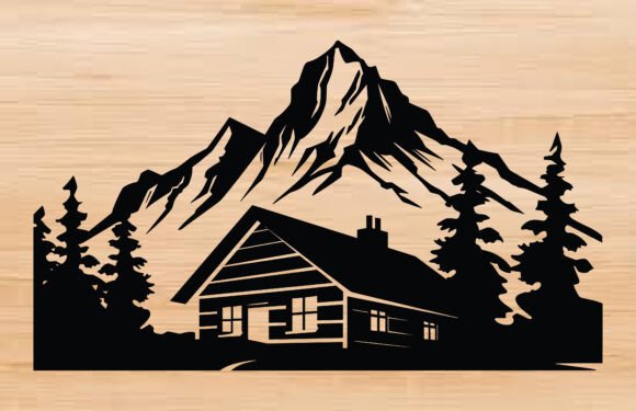 Mountain Log Cabin SVG Silhouette Vector: Graphics & Illustrations