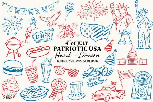Patriotic USA SVG Hand-Drawn Bundle PNG Graphics