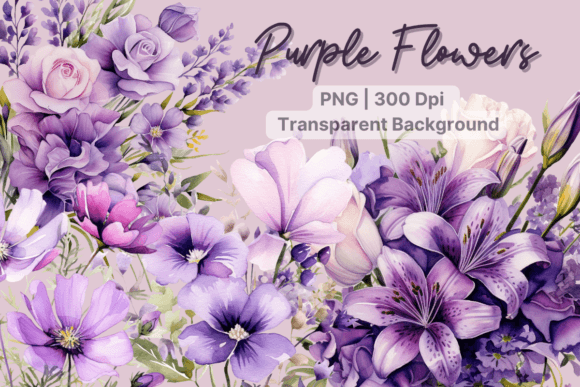 Purple Flowers Watercolor Flower Clipart