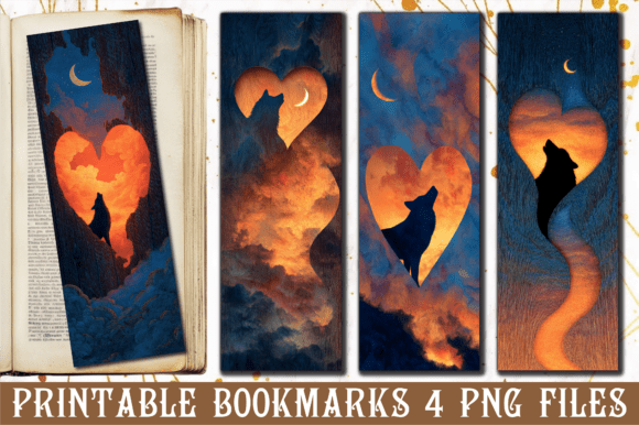 Sunset Heart Silhouette Wolf Bookmark: Graphics for Crafts & Content