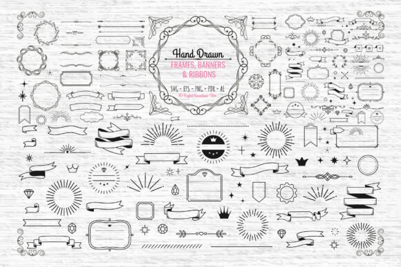 SVG Hand Drawn Frames, Banners Ribbons: Graphics & Illustrations for Real Crafting