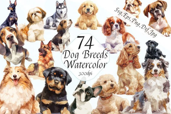 Watercolor Dog Breeds Clipart SVG Bundle: Graphics & Illustrations