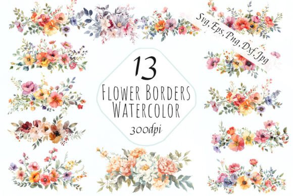 Watercolor Flowers Floral Border Clipart: Graphics & Illustrations
