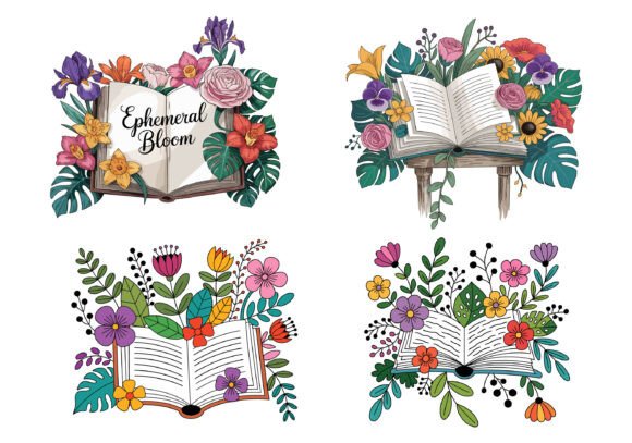 Watercolor Open Book and Flower Bundle: Graphics & Illustrations