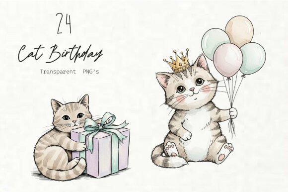 Whimsical Cat Birthday Clipart: Graphics & Illustrations for Playful Content