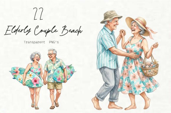 Whimsical Elderly Couple Beach Clipart: Graphics & Illustrations