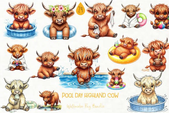 Whimsical Pool Day Highland Cow Clipart: Graphics & Illustrations